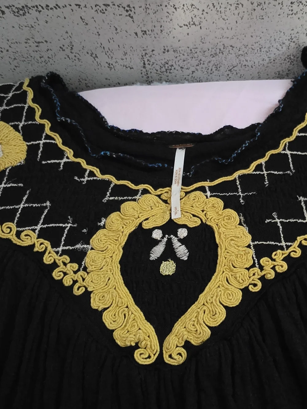 Free People Black Tunic with Yellow Embroidered Yoke